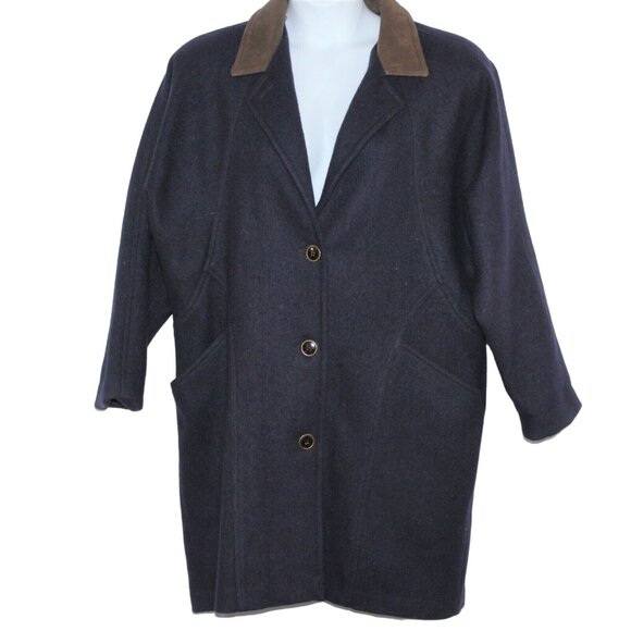 JOFELD Jackets & Blazers - Vintage 80s JOFELD Medium Leather Trim Collar Navy Blue Wool Blend Coat USA